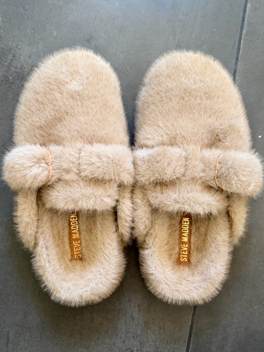 Steve Madden Tan Fuzzy Pom-Pom Slip-On Mules